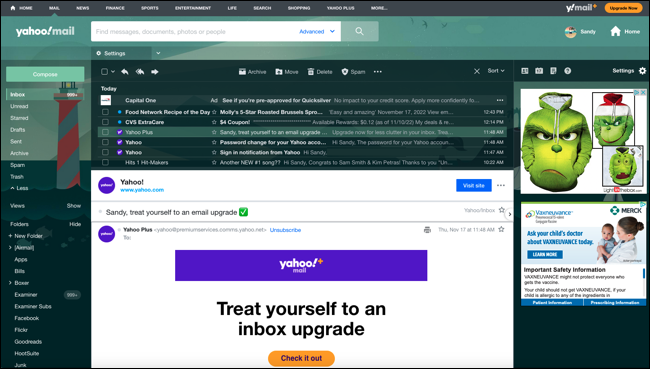 網絡上的 Yahoo Mail 收件箱