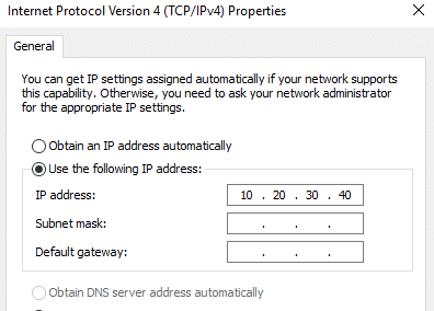 Na janela Propriedades do IPv4, marque Usar o seguinte endereço IP