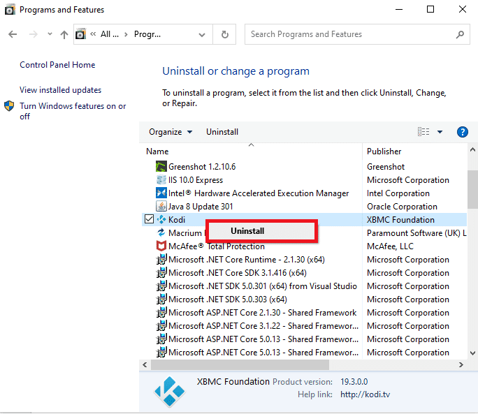 Klik kanan pada aplikasi Kodi dan klik Uninstall