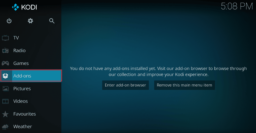 Klik pada tab Add ons. 10 Cara Memperbaiki Tidak Dapat Menonton Streaming di Kodi Error