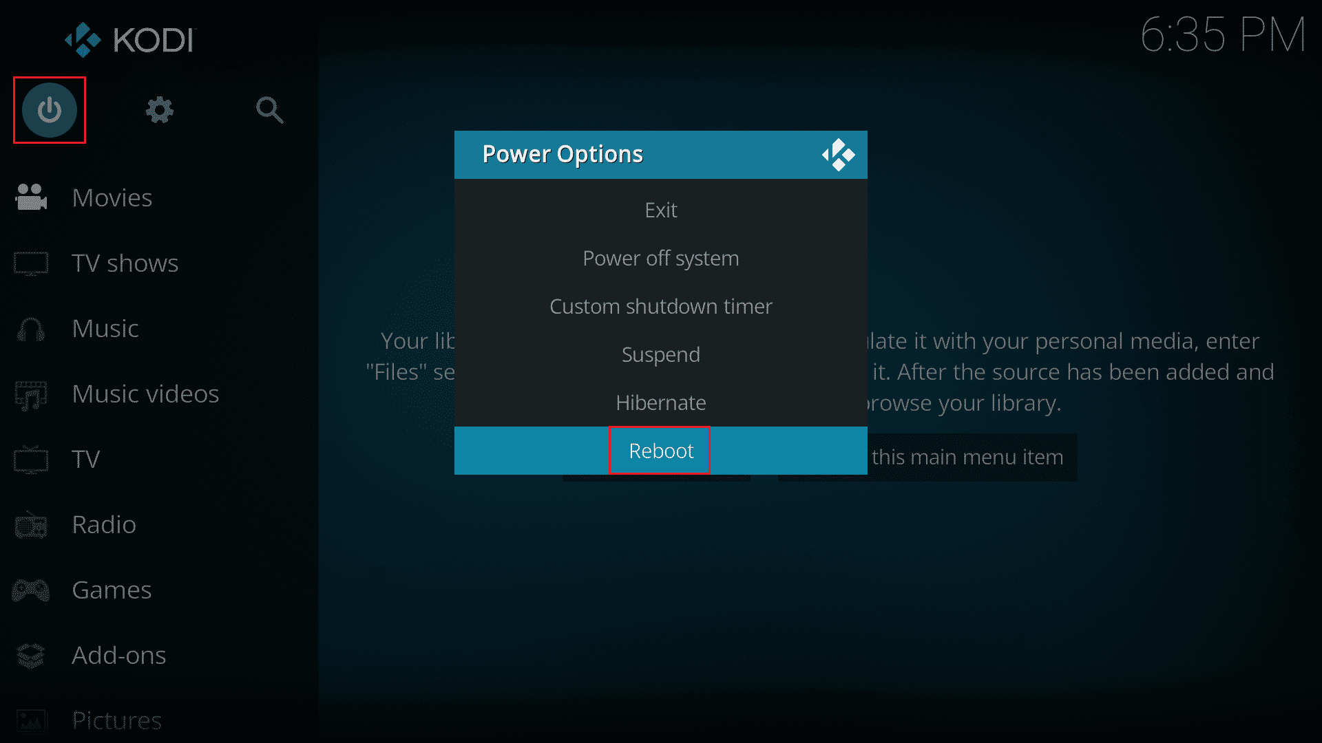 klik ikon daya dan pilih reboot. 10 Cara Memperbaiki Tidak Dapat Menonton Streaming di Kodi Error