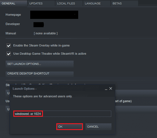 edit opsi peluncuran sebagai windowed w 1024 Steam