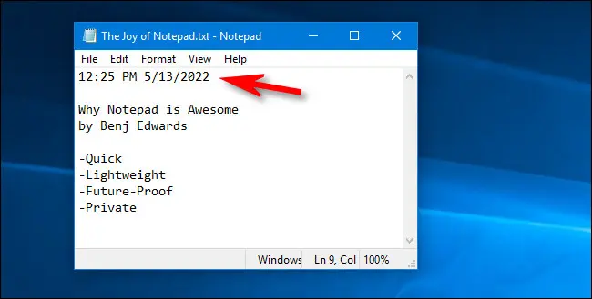 Stempel Waktu Notepad F5 di Windows 10