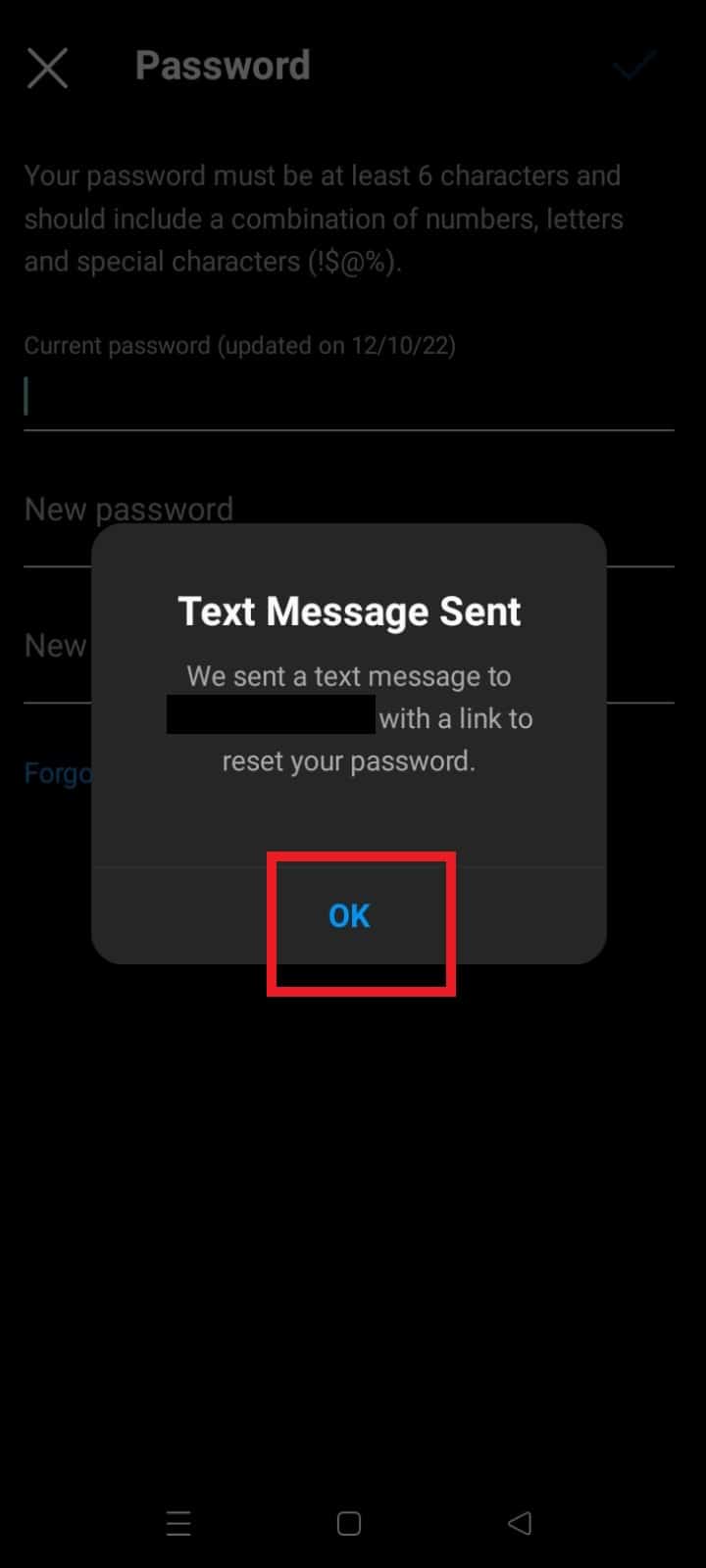 Appuyez sur OK. | changer le mot de passe sur Instagram