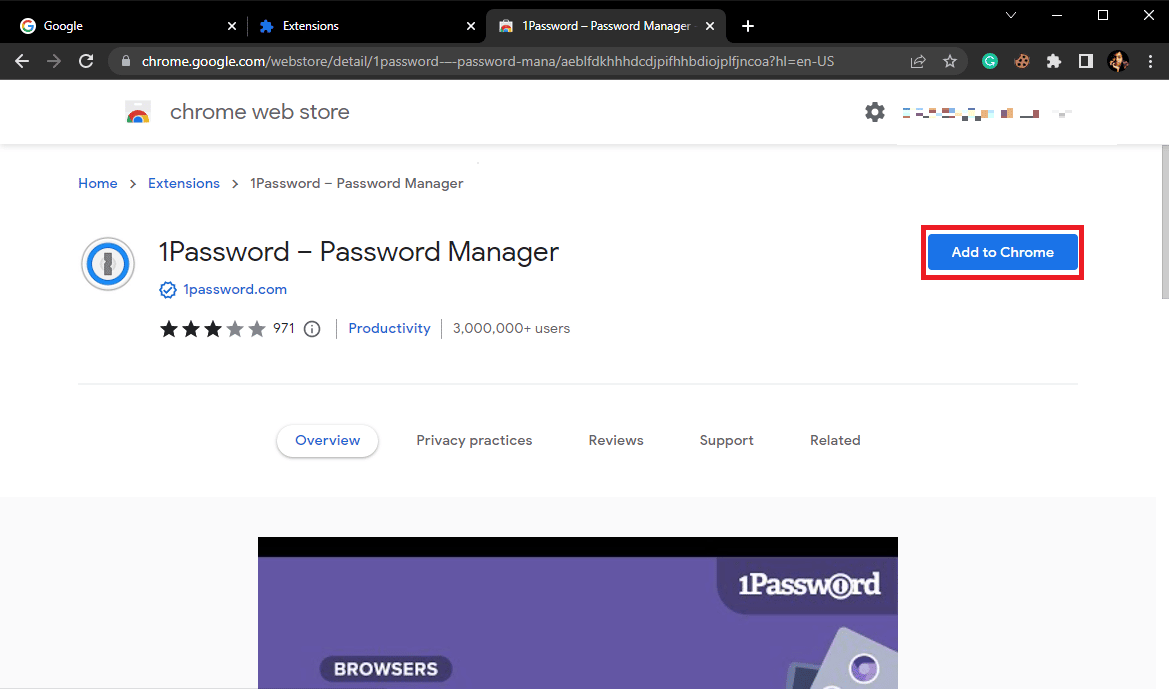 cliquez sur le bouton Ajouter à Chrome. Correction de 1Password ne se synchronisant pas entre les appareils