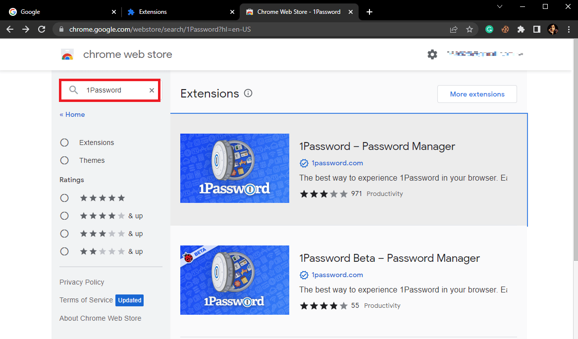 Dans la barre de recherche, tapez 1Password et appuyez sur la touche Entrée