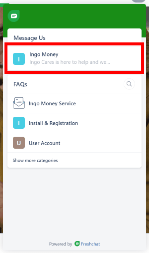 Dans le chat, cliquez sur Ingo Money pour démarrer un chat.