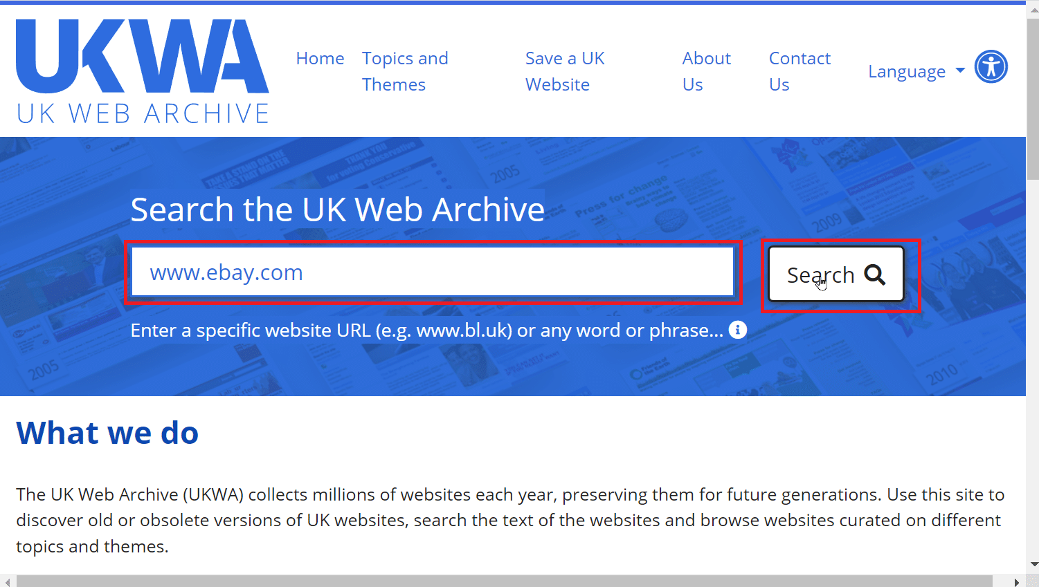 recherchez les archives Web britanniques dans la barre de recherche et cliquez sur rechercher