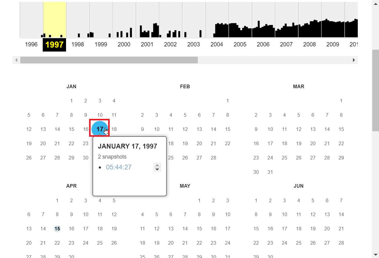 cliquez sur une date mise en surbrillance dans un cercle. Comment trouver d'anciens sites Web qui n'existent plus