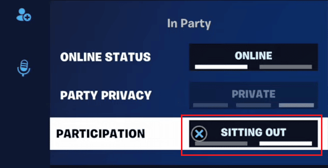 KATILIM seçeneğine gidin ve KATILIM durumuna geçmek için kontrol cihazınızdaki X düğmesine tekrar basın | PS4'te Fortnite'ta Dışarıda Nasıl Oturulur?