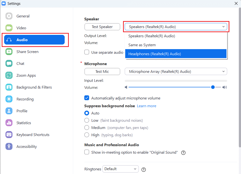 cliquez sur l'option Audio et développez la liste déroulante du haut-parleur et choisissez vos AirPods