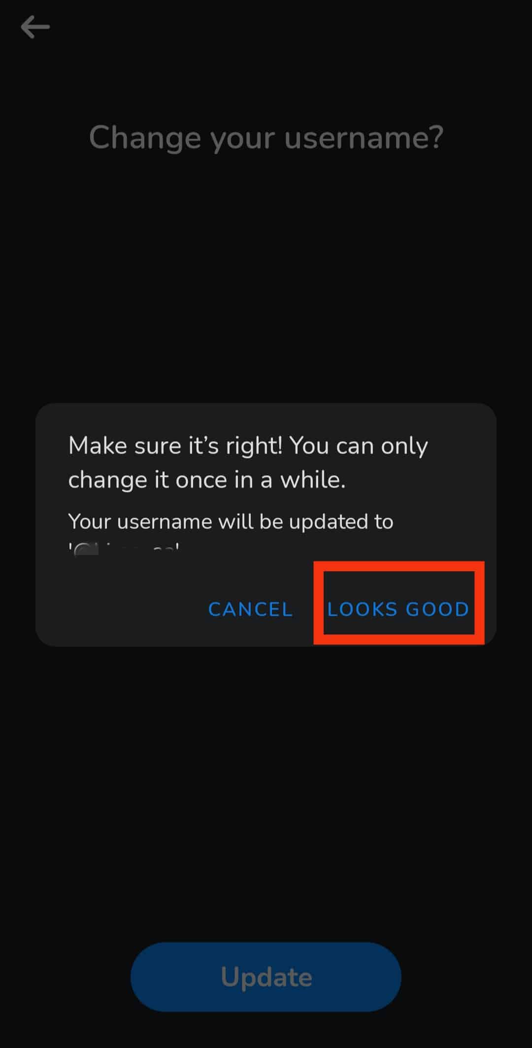 Appuyez sur le bouton Looks good pour enregistrer votre nouveau nom d'utilisateur après l'apparition de la boîte de confirmation.