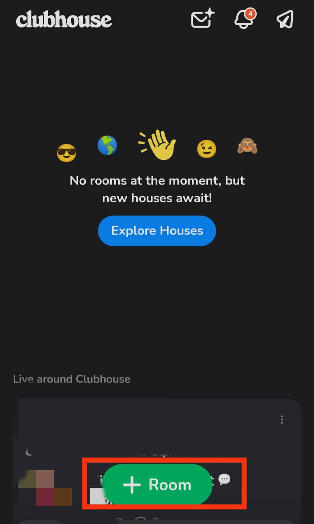 Appuyez sur l'icône + Chambre. | changer de nom sur Clubhouse