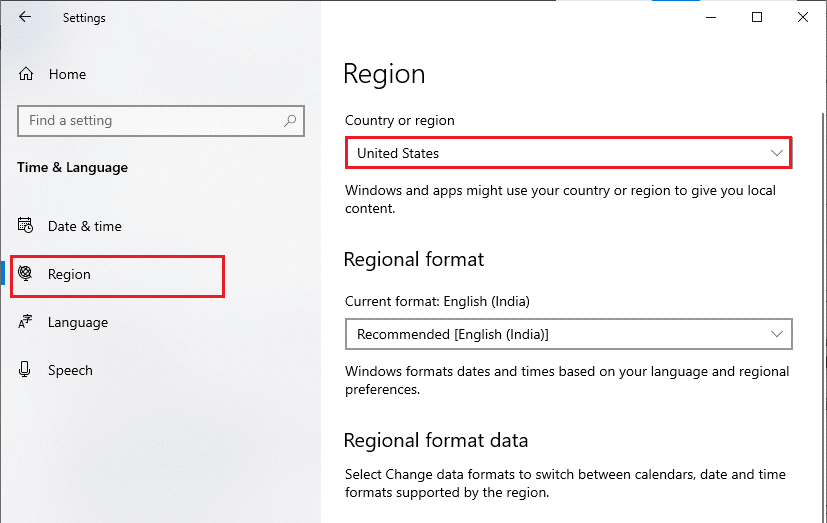 Maintenant, passez à l'onglet Région dans le menu de gauche et dans l'option Pays ou région, assurez-vous de choisir États-Unis