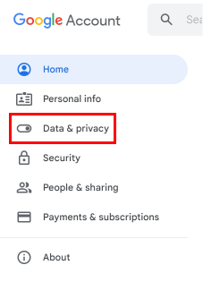 من الخيارات الموجودة على اليسار ، انقر فوق البيانات والخصوصية. | تعطيل دردشة جوجل