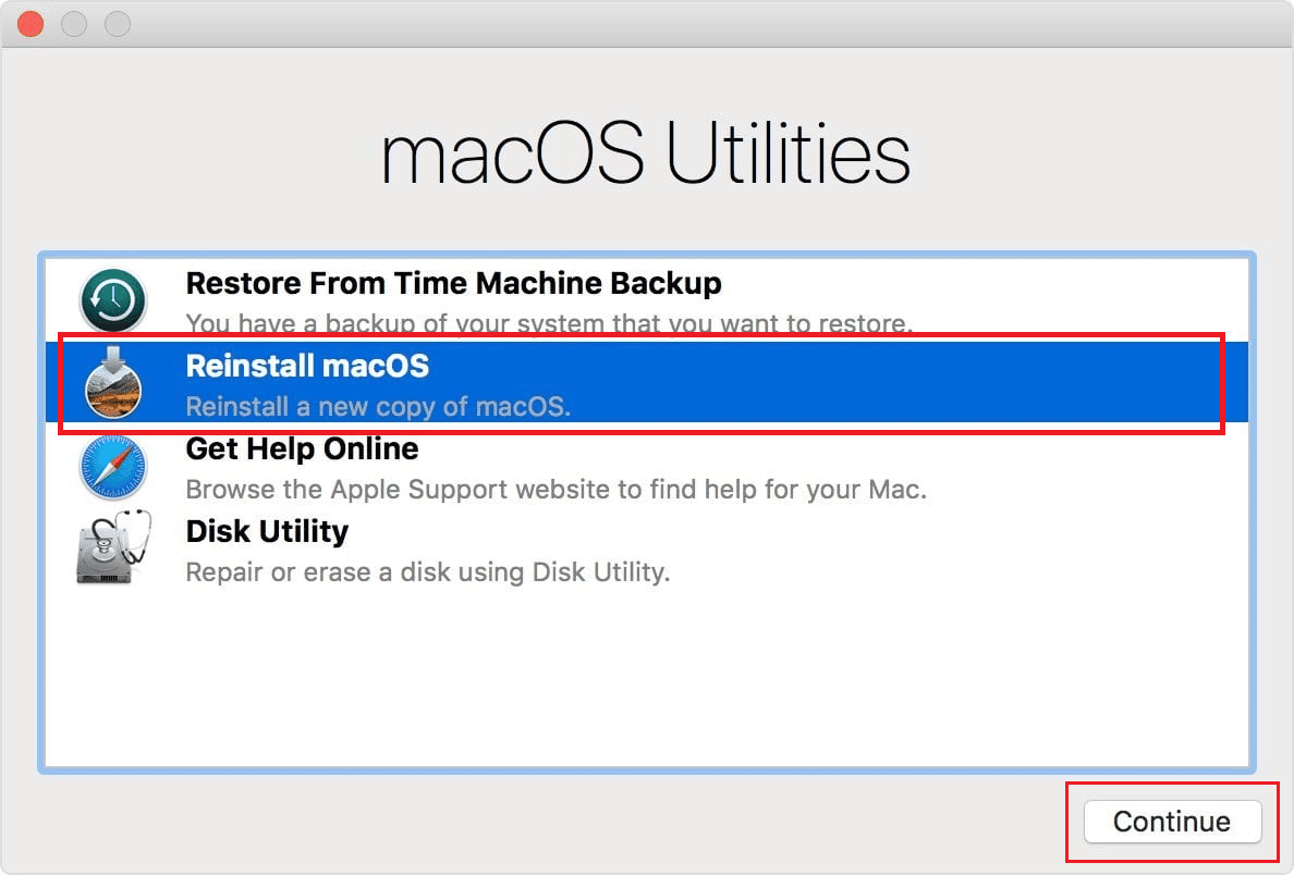 Klicken Sie im Fenster „macOS-Dienstprogramme“ auf „macOS neu installieren – Fortfahren“.