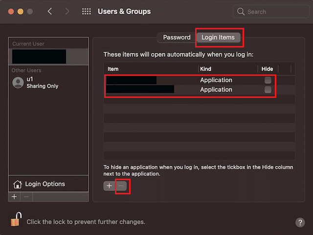 選擇您的用戶名並導航到“登錄項”選項卡 - 所需的啟動項 - 減號 (-) 圖標 |如何修復 Kernel Panic Mac 錯誤