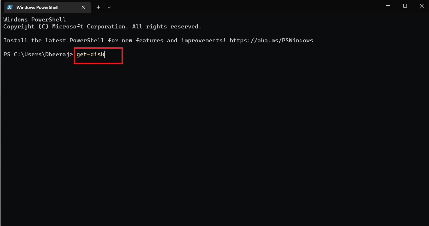 PowerShell komut penceresine get-disk komutunu yazın ve Enter'a basın