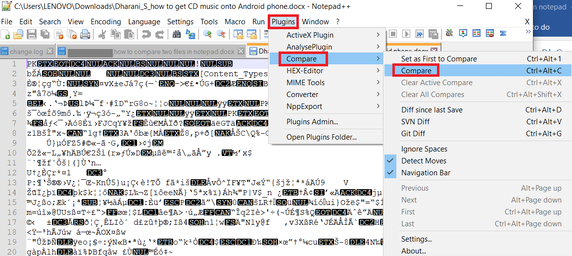 Vá para o menu Plugins, selecione Comparar e escolha Comparar no submenu. como comparar dois arquivos no bloco de notas