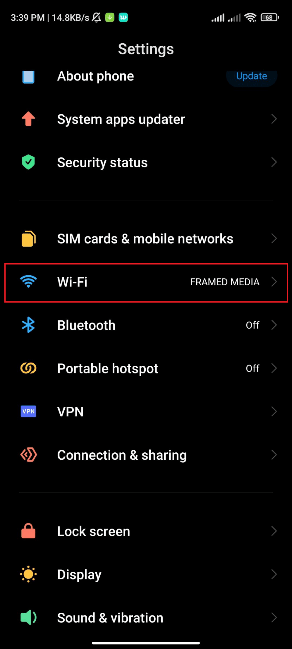 Прокрутите вниз до Wi-Fi