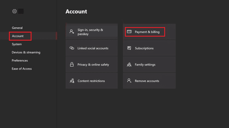 Selezionare Account - Pagamento e fatturazione | Come modificare i dettagli della carta su Xbox One