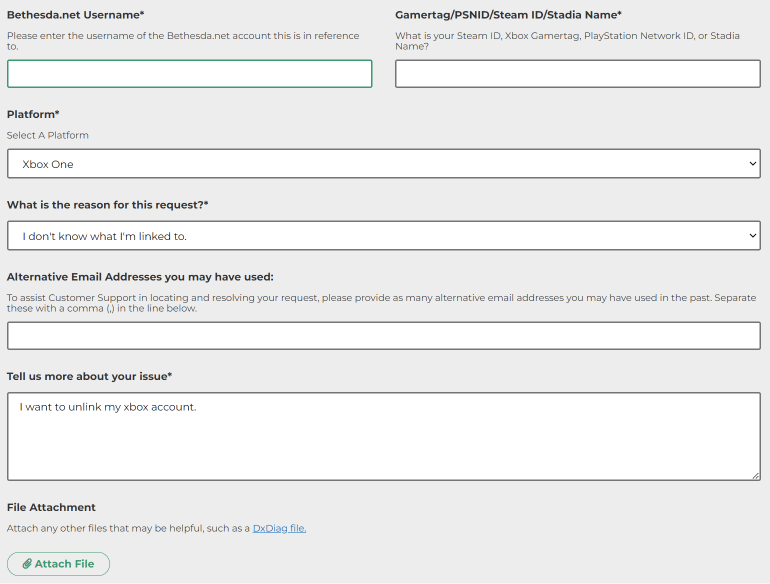 輸入您的 Bethesda 用戶名、Xbox ID 或用戶名，選擇 Xbox One，然後輸入我想取消鏈接我的 Xbox 帳戶。