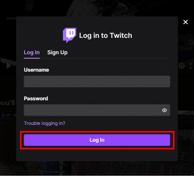 Digite seu nome de usuário e senha do Twitch e clique no botão Login.