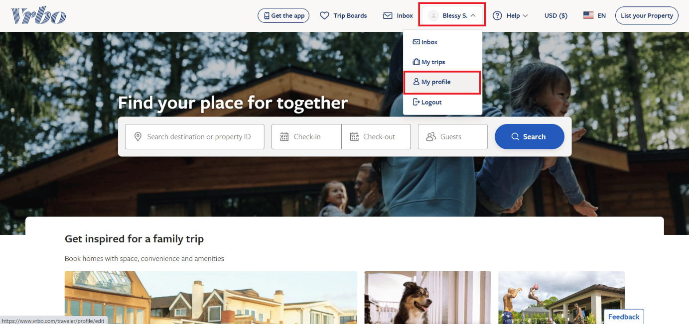 คลิกชื่อบัญชีของคุณและเลือกโปรไฟล์ของฉัน | เพิ่มรูปภาพในโปรไฟล์นักท่องเที่ยว VRBO