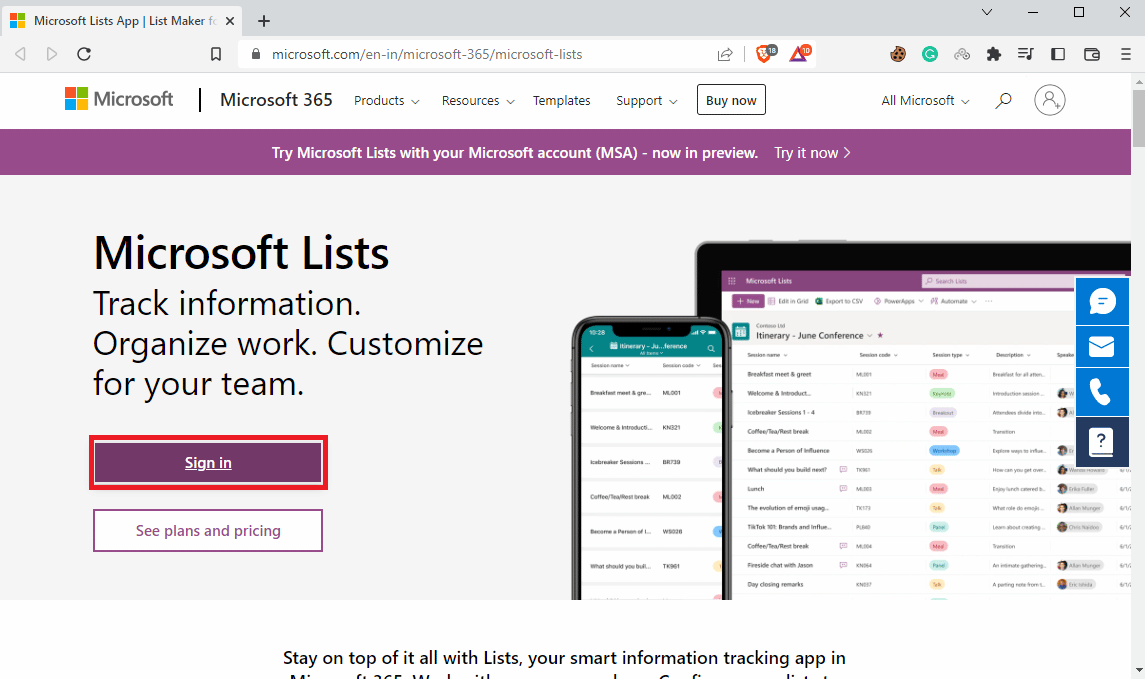 ไปที่หน้า Microsoft Lists อย่างเป็นทางการแล้วคลิกลงชื่อเข้าใช้