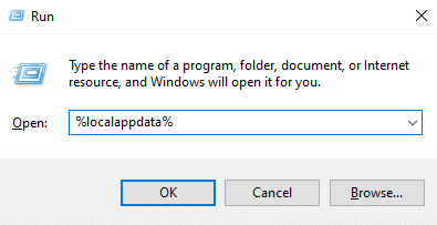 În promptul Run, tastați %localappdata% și apăsați tasta Enter