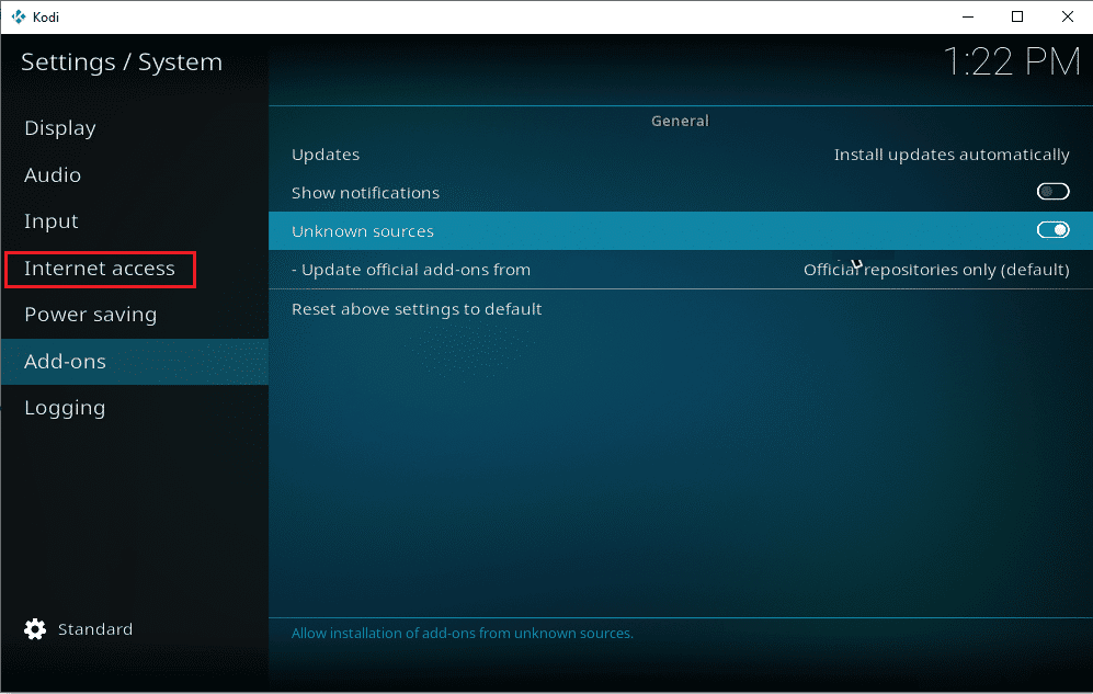 seleccione Acceso a Internet en la configuración del sistema Kodi