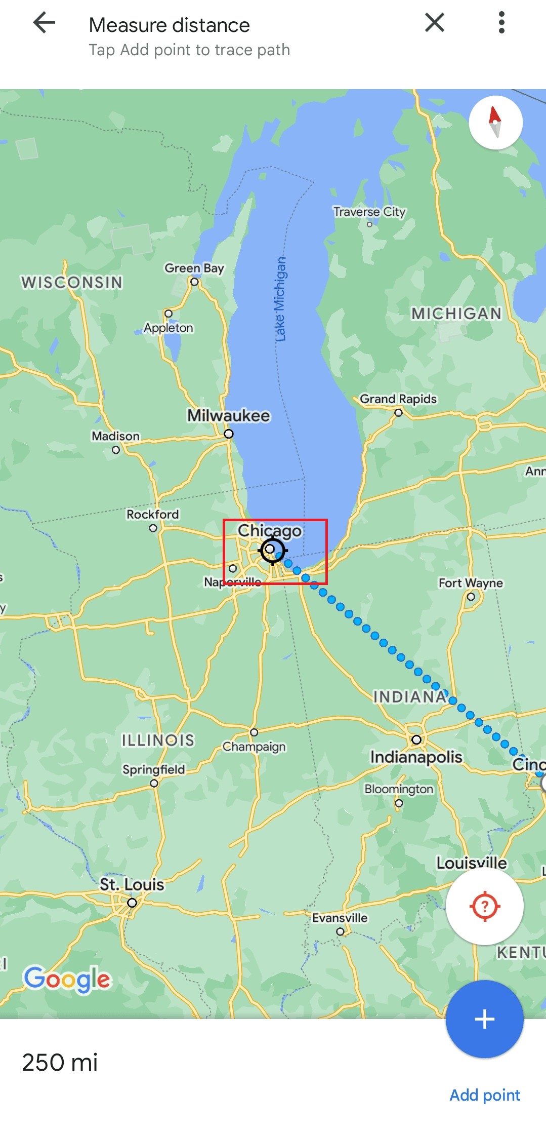 En el mapa, encuentra Chicago para medir la distancia | punto medio entre ciudades