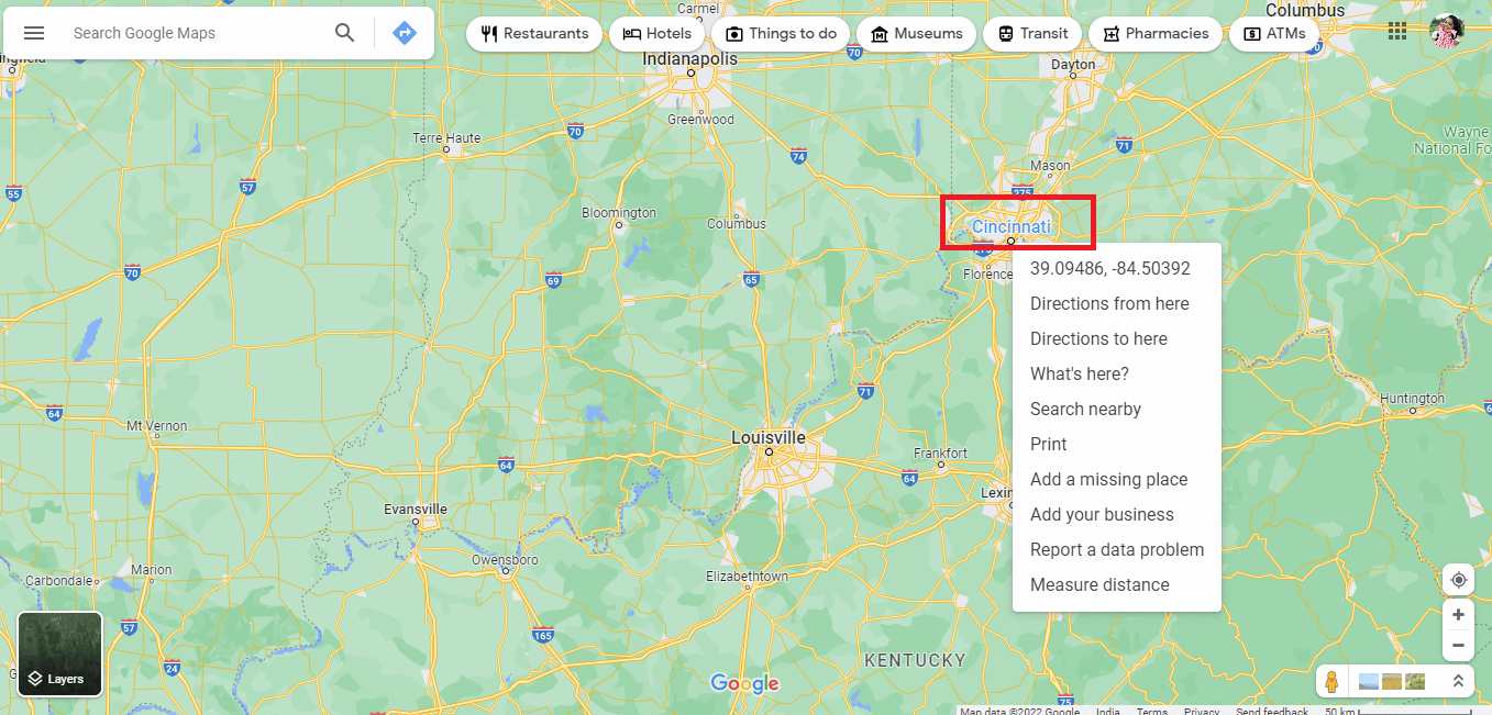 Suchen Sie Cincinnati und klicken Sie mit der rechten Maustaste darauf