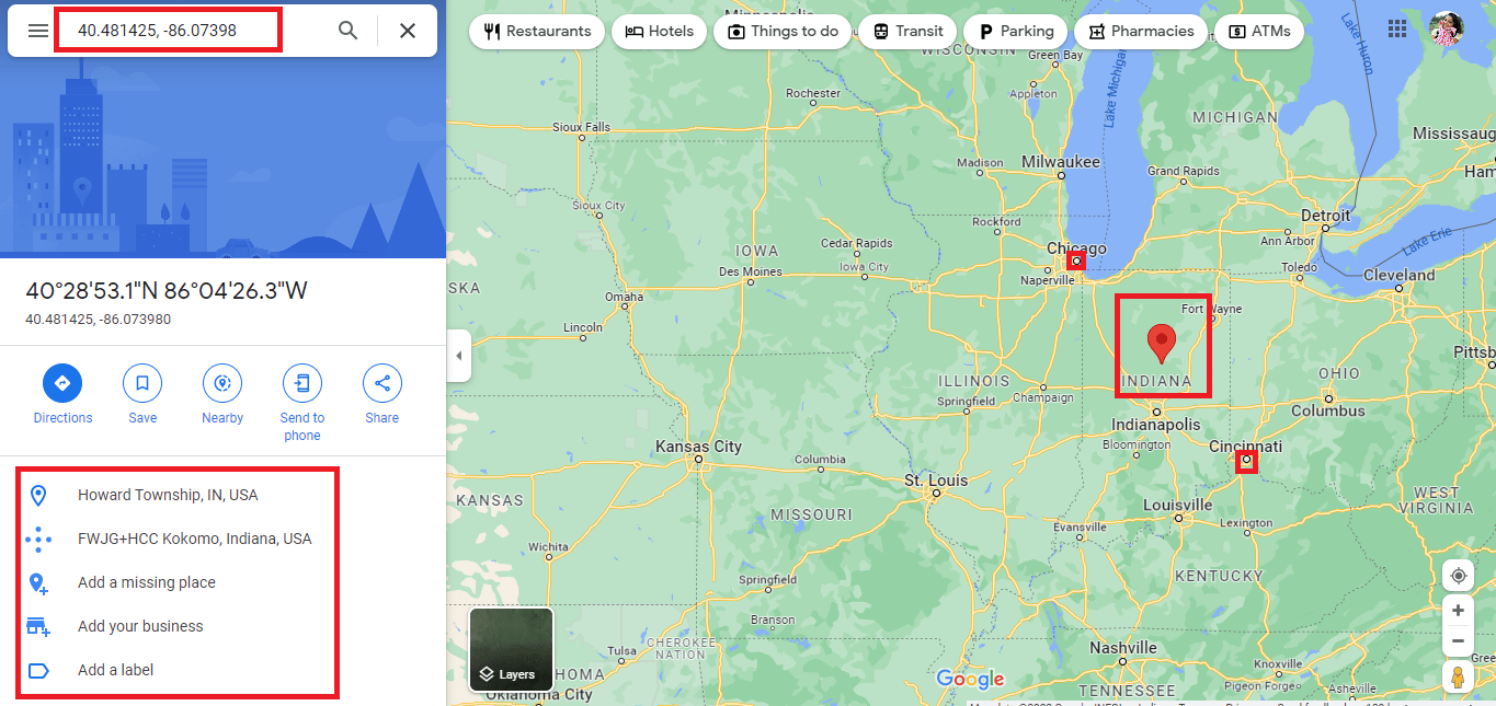 Entrez les nouvelles coordonnées 40.481425, -86.07398 dans la barre de recherche pour trouver le point à mi-chemin entre deux emplacements donnés