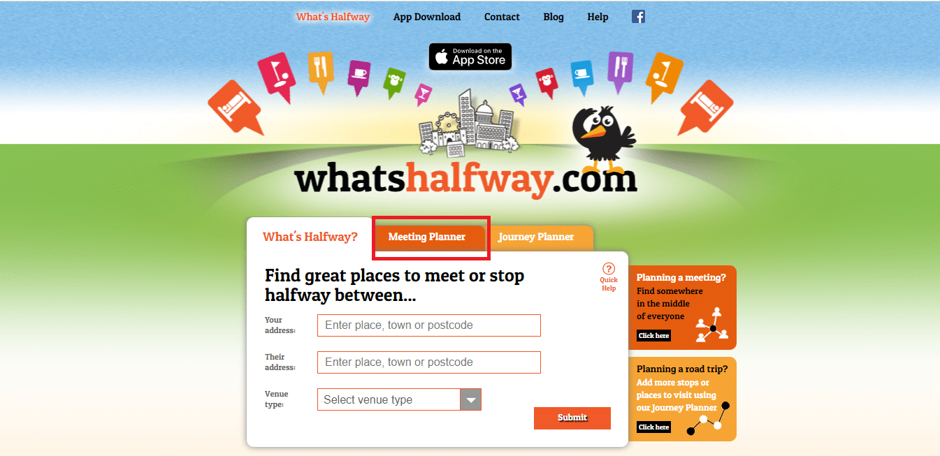 Whatshalfway.com | Resmi web sitesinde Toplantı Planlayıcı seçeneğine tıklayın | şehirler arası orta nokta