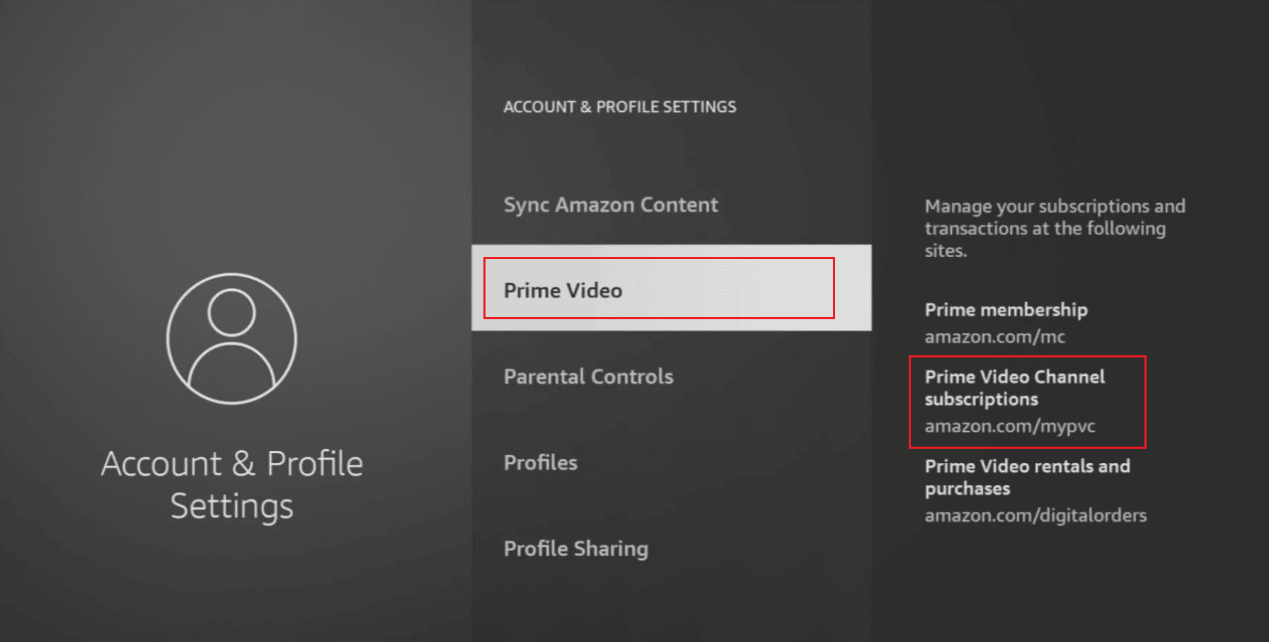 Prime Video — przejdź do łącza amazon.com mypvc w przeglądarce wymienionego w sekcji Subskrypcje Prime Video Channel