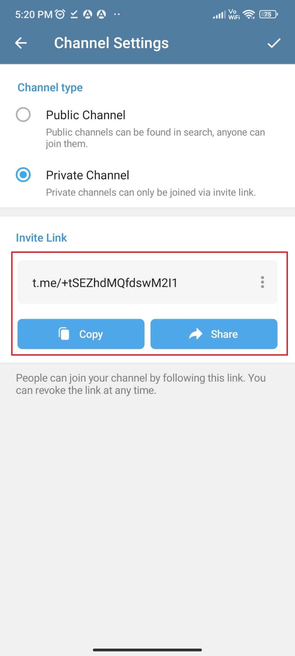 Copie o comparta el enlace dado para invitar a los usuarios de Telegram a unirse al canal