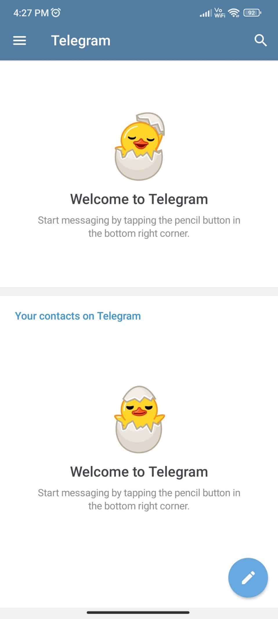 您将在 Telegram 应用程序上看到欢迎消息