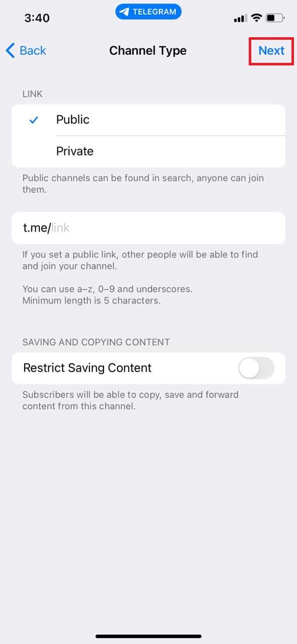 Presiona Siguiente. Cómo crear un canal de Telegram