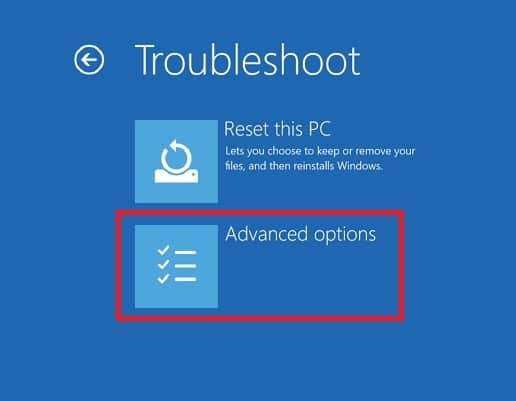 Klik Troubleshoot dan kemudian pada Advanced Options