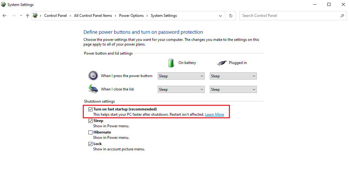 Zmień stan Włącz szybkie uruchamianie. Napraw błąd wyjątku sprawdzania komputera w systemie Windows