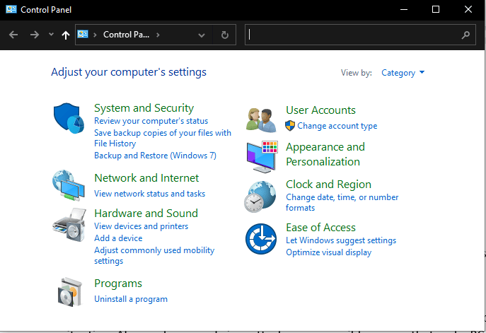 Interfaccia principale del pannello di controllo. Correggi l'errore di eccezione del controllo della macchina in Windows