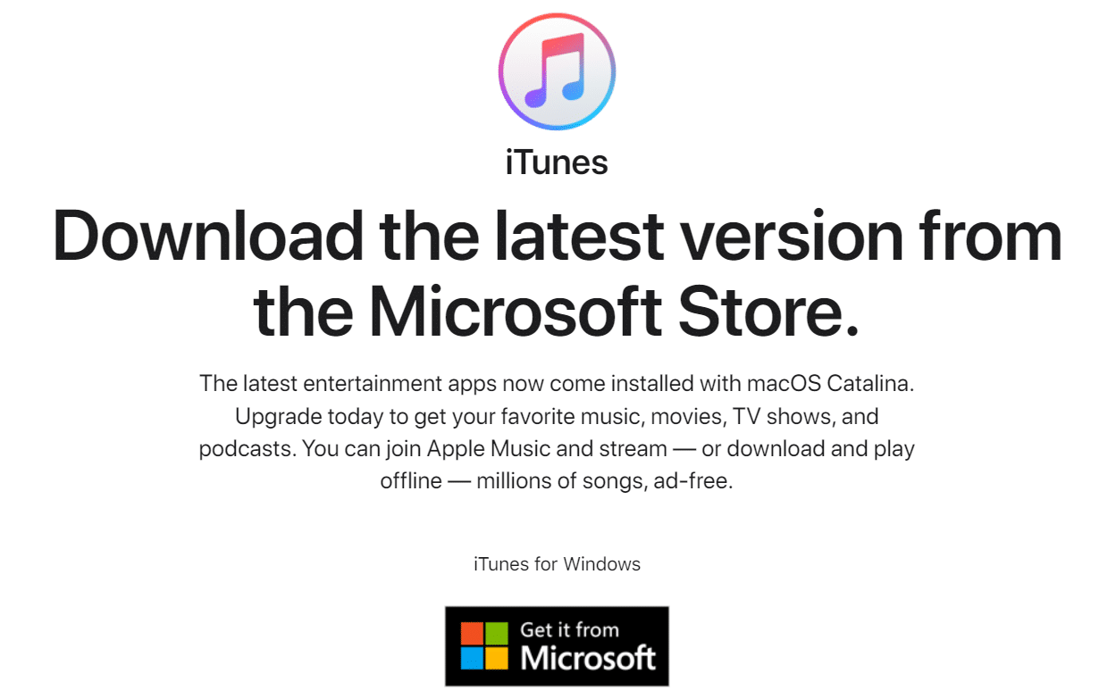 หน้าดาวน์โหลดอย่างเป็นทางการของ iTunes สำหรับ Windows