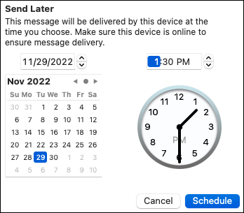 Ventana de programación de correo electrónico en Mail en la Mac