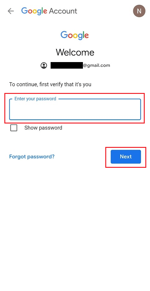 Inserisci la password del tuo account Google e tocca Avanti