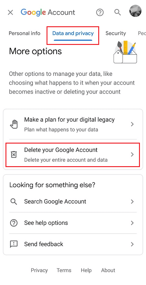 Scheda Dati e privacy: elimina il tuo account Google