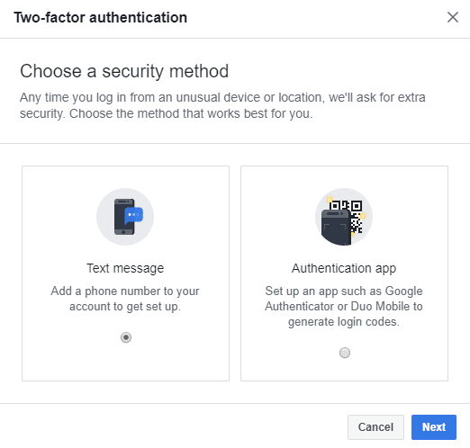 La boîte de dialogue, comme illustré ci-dessous, apparaîtra dans laquelle il vous sera demandé de choisir une méthode de sécurité, et vous aurez deux choix soit par SMS, soit par application d'authentification. | comment basculer entre Facebook personnel et professionnel sur mobile