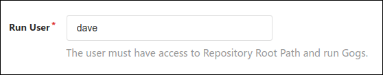 Le champ "Run User" de l'écran de configuration de Gogs