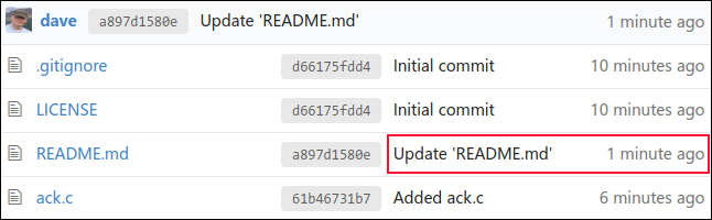 Die aktualisierte README.md-Datei mit einer neuen Commit-Nachricht und einem neuen Zeitstempel