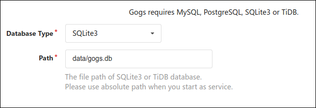 A parte do menu de seleção do banco de dados da tela de configuração do Gogs